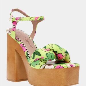 MANDEE YELLOW BETSEY JOHNSON Silk Twist Floral Wedge High Heels Sandals*NEW*SZ 8